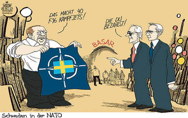 Oliver Schopf, politischer Karikaturist aus Österreich, politische Karikaturen aus Österreich, Karikatur Cartoon Illustrationen Politik Politiker international 2023: NATO SCHWEDEN BEITRITT ERDOGAN BASAR HANDEL F-16 KAMPFJET JOE BIDEN STOLTENBERG 


































 

 







