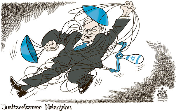 Oliver Schopf, politischer Karikaturist aus Österreich, politische Karikaturen aus Österreich, Karikatur Cartoon Illustrationen Politik Politiker international 2023: ISRAEL NETANJAHU JUSTIZ REFORM WAAGE VERHEDDERN STOLPERN VERWICKELN 









 

 







