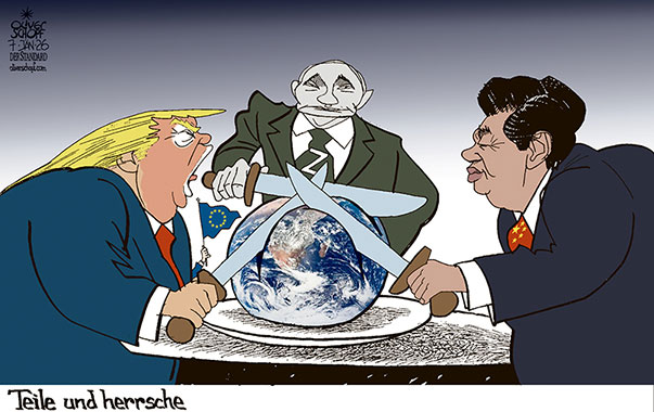 Oliver Schopf, politischer Karikaturist aus Österreich, politische Karikaturen aus Österreich, Karikatur Cartoon Illustrationen Politik Politiker international @oliverschopf.bsky.social 2026: USA CHINA RUSSLAND TRUMP XI JINPING PUTIN DIVIDE ET IMPERA TEILE UND HERRSCHE NEUE WELTORDNUNG AUFTEILEN UKRAINE VENEZUELA WELTKUGEL 

