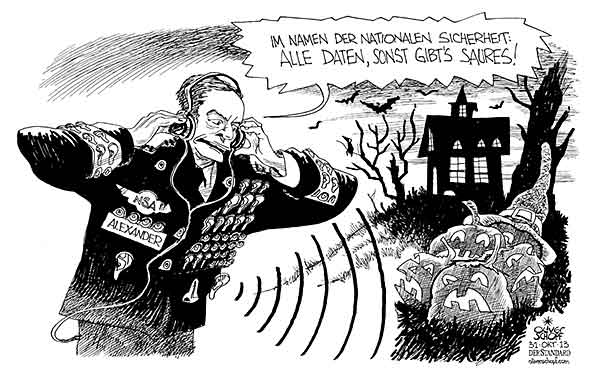  Oliver Schopf, politischer Karikaturist aus Österreich, politische Karikaturen, Illustrationen Archiv politische Karikatur Welt NSA Edward Snowden Geheimdienste USA 2013 USA NSA KEITH ALEXANDER GEHEIMDIENST ABHOEREN HANDY HALLOWEEN KUERBIS SUESSES SAURES DATEN



