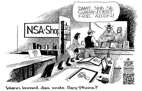  Oliver Schopf, politischer Karikaturist aus Österreich, politische Karikaturen, Illustrationen Archiv politische Karikatur Welt NSA Edward Snowden Geheimdienste USA 2013 NSA GEHEIMDIENST SMARTPHONE SMS E-MAIL ABHOEREN SPIONIEREN VERSCHLUESSELN HANDY SHOP IPHONE  



