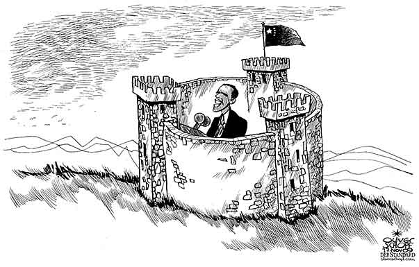 Oliver Schopf, politischer Karikaturist aus Österreich, politische Karikaturen aus Österreich, Karikatur Illustrationen international 2009: obama, china, chinesische mauer, rede

 