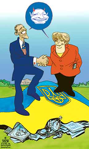 Oliver Schopf, politischer Karikaturist aus Österreich, politische Karikaturen aus Österreich, Karikatur Cartoon Illustrationen Politik Politiker international 2014: USA DEUTSCHLAND OBAMA MERKEL STAATSBESUCH WASHINGTON UKRAINE PUTIN SNOWDEN NSA FREIHANDEL TEPPICH HAND SHAKE 
 