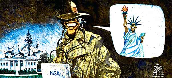  Oliver Schopf, politischer Karikaturist aus Österreich, politische Karikaturen, Illustrationen Archiv politische Karikatur Welt NSA Edward Snowden Geheimdienste USA 2013 USA OBAMA NSA FREIHEIT FREIHEITSSTATUE GEHEIMDIENST AGENT ABHOEREN SCHLAPPHUT WEISSES HAUS REDE 


