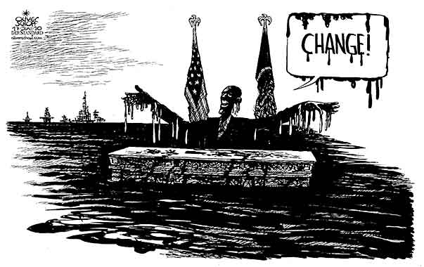 Oliver Schopf, editorial cartoons from Austria, cartoonist from Austria, Austrian illustrations, illustrator from Austria, editorial cartoon politics politician International 2010: usa obama speech oval office change bp spill






