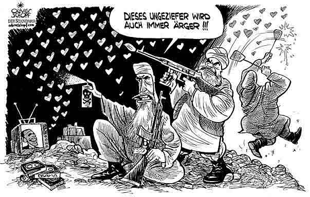  Oliver Schopf, politischer Karikaturist aus Österreich, politische Karikaturen aus Österreich, Karikatur Illustrationen politische Karikaturen Welt 2009 alkaida terroristen vernichten herzchen einer sagt dieses ungeziefer wird auch immer ärger die herzchen kommen aus tv in dem präsident obama spricht Politik Politiker  usa, obama, rede, kairo, osama bin laden, höhle, hoehle, herz, ungeziefer 
  