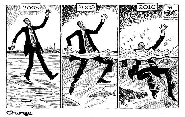 Oliver Schopf, editorial cartoons from Austria, cartoonist from Austria, Austrian illustrations, illustrator from Austria, editorial cartoon politics politician International 2010: usa president Barack Obama walk on water approval ratings sinking economy polls






