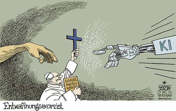 Oliver Schopf, politischer Karikaturist aus Österreich, politische Karikaturen aus Österreich, Karikatur Cartoon Illustrationen Politik Politiker international @oliverschopf.bsky.social 2026: PAPST LEO XIV ENZYKLIKA MAGNIFICA HUMANITAS KÜNSTLICHE INTELLIGENZ KI ENTWAFFNUNG EXORZIST KREUZ BESEELUNG ADAMS MICHELANGELO SIXTINISCHE KAPELLE HÄNDE 


