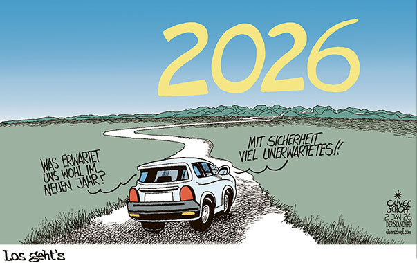 Oliver Schopf, politischer Karikaturist aus Österreich, politische Karikaturen aus Österreich, Karikatur Cartoon Illustrationen Politik Politiker international @oliverschopf.bsky.social 2026: JAHRESWECHSEL NEUJAHR 2026 AUSBLICK ZUKUNFT AUTO STRASSE ERWARTUNGEN UNERWARTETES
