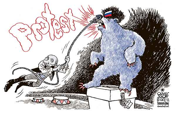 Oliver Schopf, editorial cartoons from Austria, cartoonist from Austria, Austrian illustrations, illustrator from Austria, editorial cartoon politics politician International 2011 russia putin bear circus protests elections duma tamer

 




