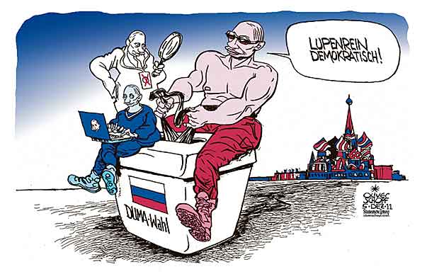 Oliver Schopf, politischer Karikaturist aus Österreich, politische Karikaturen aus Österreich, Karikatur Illustrationen Politik Politiker international 2011 RUSSLAND DUMA WAHL PUTIN WAHLBEOBACHTER MANIPULATION LUPENREINER DEMOKRAT  










 