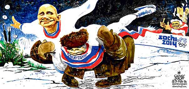 Oliver Schopf, politischer Karikaturist aus Österreich, politische Karikaturen aus Österreich, Karikatur Cartoon Illustrationen Politik Politiker international 2014: RUSSLAND SOTSCHI 2014 OLYMPISCHE WINTERSPIELE PUTIN STEUERZAHLER EISKUNSTLAUF SUMPF KORRUPTION FAYMANN
 