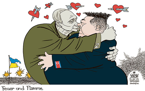 Oliver Schopf, politischer Karikaturist aus Österreich, politische Karikaturen aus Österreich, Karikatur Cartoon Illustrationen Politik Politiker international @oliverschopf.bsky.social 2025: RUSSLAND NORDKOREA PUTIN KIM JONG-UN UKRAINE KRIEG MILITÄR WAFFEN WAFFENLIEFERUNGEN KUSS LIEBE UMARMEN HERZCHEN

























