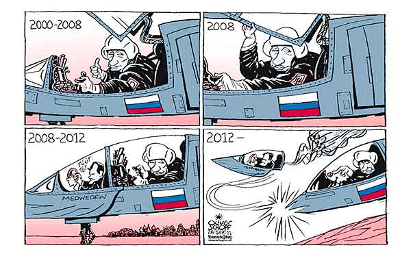 Oliver Schopf, editorial cartoons from Austria, cartoonist from Austria, Austrian illustrations, illustrator from Austria, editorial cartoon politics politician International 2011 russia putin medvedev pilot co-pilot fighter ejection seat 


 




