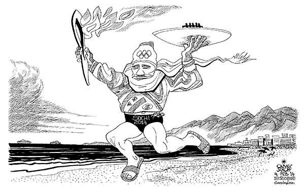 Oliver Schopf, politischer Karikaturist aus Österreich, politische Karikaturen aus Österreich, Karikatur Cartoon Illustrationen Politik Politiker international 2014: RUSSLAND OLYMPISCHE WINTERSPIELE SOTSCHI 2014 FACKELTRAEGER FEUER SCHALE STRAND SCHWARZES MEER BADEORT BADEHOSE
 