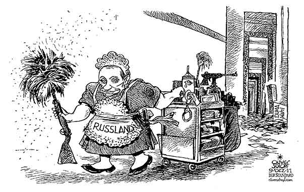 Oliver Schopf, politischer Karikaturist aus Österreich, politische Karikaturen aus Österreich, Karikatur Illustrationen Politik Politiker international 2011 RUSSLAND PUTIN ZIMMERMAEDCHEN PUTZEN DUMA WAHL AUFRAEUMEN 










 