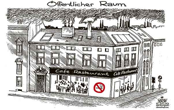 Oliver Schopf, politischer Karikaturist aus Österreich, politische Karikaturen aus Österreich, Karikatur Illustrationen Politik Politiker international 2010: rauchverbot raum oeffentlicher raum cafe restaurant dach kamin schlot
 