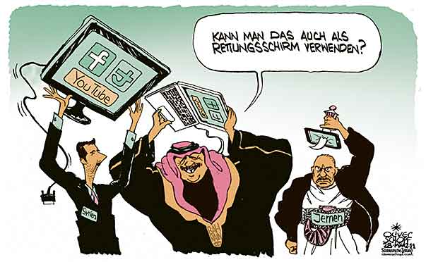  Oliver Schopf, politischer Karikaturist aus Österreich, politische Karikaturen, Illustrationen Archiv politische Karikatur Welt Naher Osten
2011 syrien assad jemen bahrain proteste facebook twitter youtube rettungsschirm 

