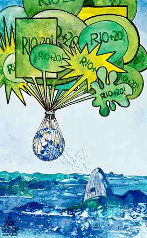  Oliver Schopf, politischer Karikaturist aus Österreich, politische Karikaturen, Illustrationen Archiv politische Karikatur Welt Klima und Umwelt 2012 RIO +20 KONFERENZ ERDGIPFEL RIO DE JANEIRO COPACABANA ZUCKERHUT ERDE PLANET WELTKUGEL BALLON SPRECHBLASEN


