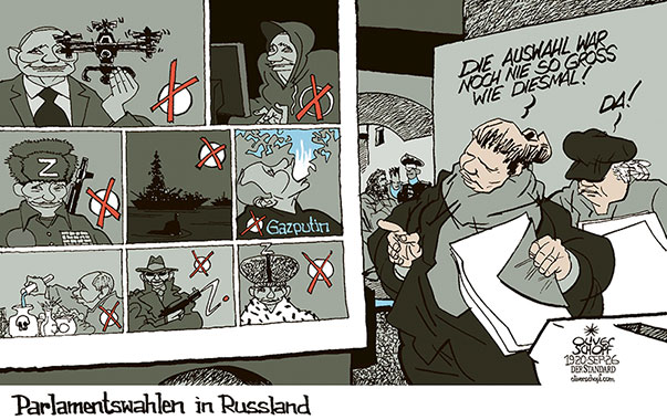 Oliver Schopf, politischer Karikaturist aus Österreich, politische Karikaturen aus Österreich, Karikatur Cartoon Illustrationen Politik Politiker international @oliverschopf.bsky.social 2026: RUSSLAND DUMA WAHLEN PARLAMENT PUTIN AUSWAHL KANDIDATEN STIMMZETTEL WAHLLOKAL RUSSIN RUSSE 












