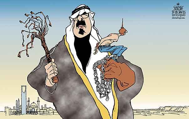  Oliver Schopf, politischer Karikaturist aus Österreich, politische Karikaturen, Illustrationen Archiv politische Karikatur Welt Naher Osten
2014  NAHER OSTEN saudi arabien raif badawi blogger koenig abdullah falke peitsche  

