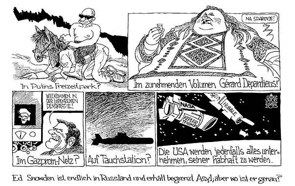  Oliver Schopf, politischer Karikaturist aus Österreich, politische Karikaturen, Illustrationen Archiv politische Karikatur Welt NSA Edward Snowden Geheimdienste USA 2013 SNOWDEN ASYL RUSSLAND PUTIN DEPARDIEU GAZPROM SCHROEDER GERHARD KEPLER TELESKOP HUBBLE 



