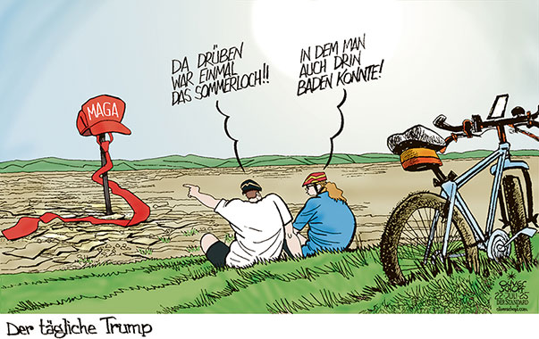 Oliver Schopf, politischer Karikaturist aus Österreich, politische Karikaturen aus Österreich, Karikatur Cartoon Illustrationen Politik Politiker international @oliverschopf.bsky.social 2025: USA TRUMP BEHERRSCHENDES THEMA WELTPOLITIK ZÖLLE EPSTEIN UKRAINE RUSSLAND SOMMERLOCH DÜRRE TROCKENHEIT HITZE FAHRRADFAHRER RADFAHRER PAUSE SEE 


























