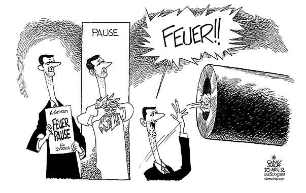 Oliver Schopf, politischer Karikaturist aus Österreich, politische Karikaturen aus Österreich, Karikatur Illustrationen Politik Politiker international  2012 SYRIEN ASSAD KOFI ANNAN WAFFENSTILLSTAND FEUERPAUSE FRIEDEN PANZER 

 










 