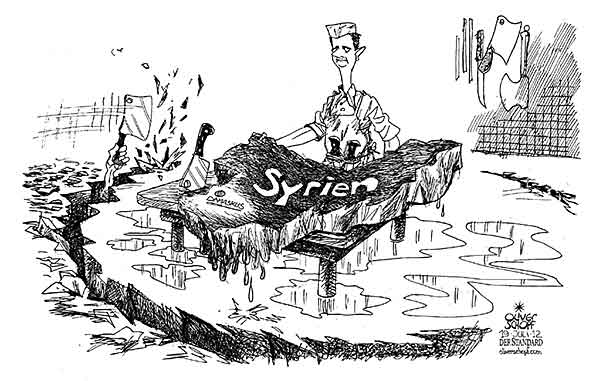  Oliver Schopf, politischer Karikaturist aus Österreich, politische Karikaturen, Illustrationen Archiv politische Karikatur Welt 2012 SYRIEN ASSAD METZGER FLEISCHHAUER FLEISCHHACKER SCHLACHTBANK   
     

