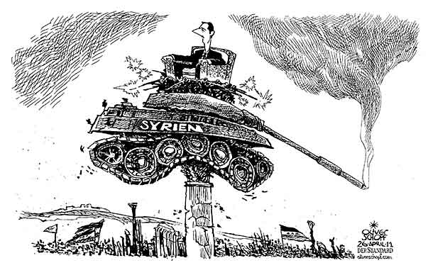  Oliver Schopf, politischer Karikaturist aus Österreich, politische Karikaturen, Illustrationen Archiv politische Karikatur Welt Naher Osten
2011 syrien assad demonstrationen aufstand reformen heckenschuetze panzer saeule ruine 

