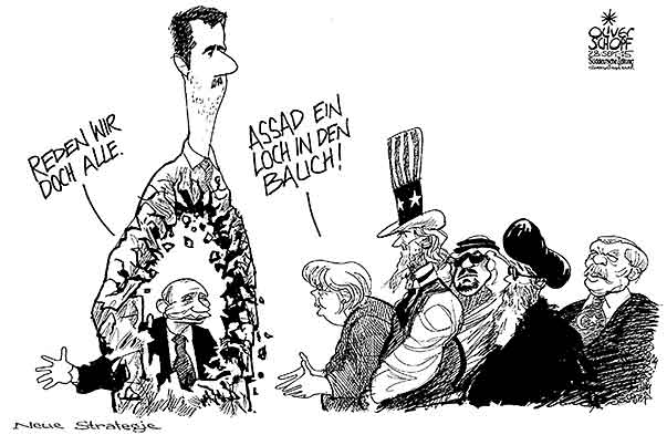 Oliver Schopf, politischer Karikaturist aus Österreich, politische Karikaturen aus Österreich, Karikatur Cartoon Illustrationen Politik Politiker international 2015 SYRIEN ASSAD GESPRAECHE LOCH BAUCH REDEN PUTIN MERKEL ERDOGAN UNCLE SAM IRAN SAUDI ARABIEN 
 