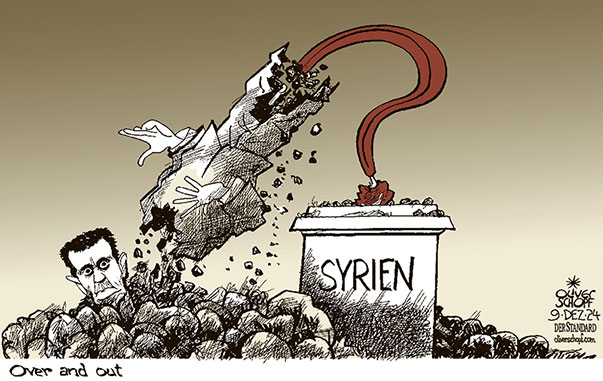 Oliver Schopf, politischer Karikaturist aus Österreich, politische Karikaturen aus Österreich, Karikatur Cartoon Illustrationen Politik Politiker international 2024: SYRIEN ASSAD STURZ DENKMAL EINSTURZ FRAGEZEICHNEN PODEST ENDE OVER OUT ZERBRÖSELN RUINE 






