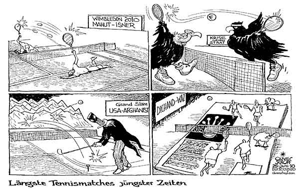 Oliver Schopf, politischer Karikaturist aus Österreich, politische Karikaturen aus Österreich, Karikatur Illustrationen Politik Politiker international 2010: tennis wimbledon mahut isner staat krise usa afghanistan kronenzeitung duchand waz

 