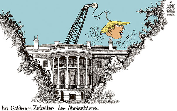 Oliver Schopf, politischer Karikaturist aus Österreich, politische Karikaturen aus Österreich, Karikatur Cartoon Illustrationen Politik Politiker international 2025: USA TRUMP 47 PRÄSIDENT ANGELOBUNG WEISSES HAUS AMTSEINFÜHRUNG GOLDENES ZEITALTER DEKRETE ABRISSBIRNE 











