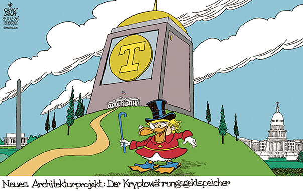 Oliver Schopf, politischer Karikaturist aus Österreich, politische Karikaturen aus Österreich, Karikatur Cartoon Illustrationen Politik Politiker international @oliverschopf.bsky.social 2026: USA TRUMP KRYPTOWÄHRUNG GEWINNE MILLIARDEN WASHINGTON DC NEUBAUTEN ARCHITEKTUR TRIUMPHBOGEN BALLSAAL DAGOBERT DUCK GELDSPEICHER 


