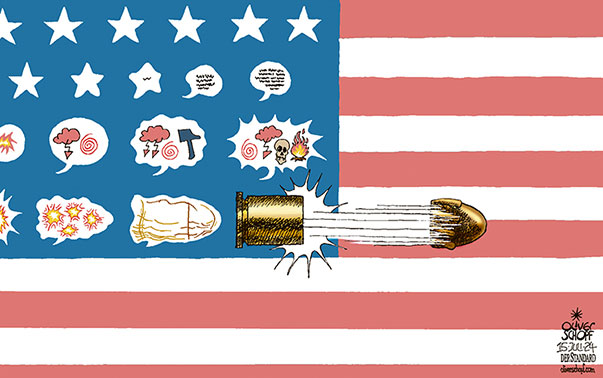 Oliver Schopf, editorial cartoons from Austria, cartoonist from Austria, Austrian illustrations, illustrator from Austria, editorial cartoon politics politician International, Cartoon Movement, CartoonArts International 2024: USA TRUMP ASSASINATION ATTEMPT EAR FLAG STARS AND STRIPES WORDS BUBBLE VIOLENCE BULLET SHOOTING SHOT METAMORPHOSIS




















