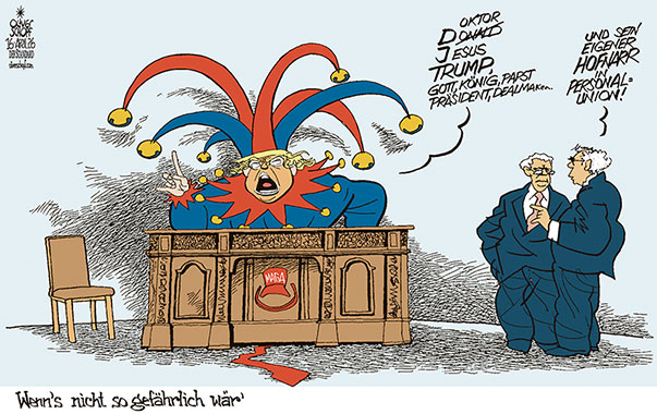 Oliver Schopf, politischer Karikaturist aus Österreich, politische Karikaturen aus Österreich, Karikatur Cartoon Illustrationen Politik Politiker international @oliverschopf.bsky.social 2026: USA TRUMP GOTT JESUS DOKTOR PAPST PRÄSIDENT HOFNARR IN PERSONALUNION OVAL OFFICE RESOLUTE DESK SCHREIBTISCH


