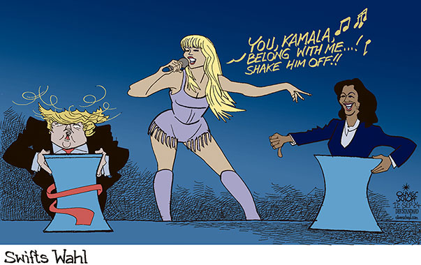 Oliver Schopf, politischer Karikaturist aus Österreich, politische Karikaturen aus Österreich, Karikatur Cartoon Illustrationen Politik Politiker international 2024: USA PRÄSIDENTSCHAFTSWAHLEN TV DUELL TRUMP KAMALA HARRIS TAYLOR SWIFT UNTERSTÜTZUNG SONG SINGEN YOU BELONG WITH ME SHAKE IT OFF 


































 

 







