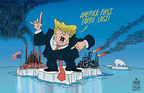 Oliver Schopf, editorial cartoons from Austria, cartoonist from Austria, Austrian illustrations, illustrator from Austria, editorial cartoon politics politician International, Cartoon Movement, 2024: USA DONALD TRUMP CLIMATE CHANGE DENIER GLOBAL WARMING INDUSTRY FOSSILE FUELS COAL GAS OIL ICEBERG POLAR BEAR MELTING AMERICA FIRST PROTECTIONISM ISOLATION 
 


























