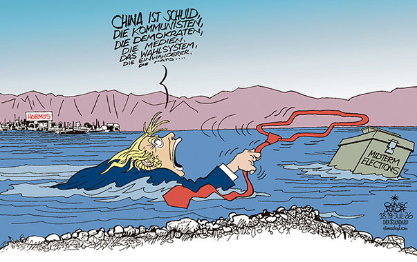 Oliver Schopf, politischer Karikaturist aus Österreich, politische Karikaturen aus Österreich, Karikatur Cartoon Illustrationen Politik Politiker international @oliverschopf.bsky.social 2026: USA MIDTERM ELECTIONS TRUMP IRAN KRIEG STRASSE VON HORMUS SCHULD CHINA KOMMUNISTEN WAHLSYSTEM DEMOKRATEN KRAWATTE LASSO FELLE DAVONSCHWIMMEN WASSER STEHT BIS ZUM HALS








