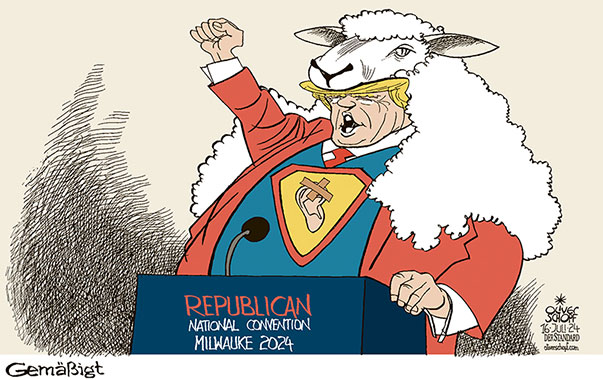 Oliver Schopf, politischer Karikaturist aus Österreich, politische Karikaturen aus Österreich, Karikatur Cartoon Illustrationen Politik Politiker international 2024: USA PRÄSIDENTSCHAFTSWAHLEN DONALD TRUMP REPUBLIKANER CONVENT MILWAUKEE REDE ATTENTAT ANSCHLAG OHR SUPERMAN GEMÄSSIGT WOLF IM SCHAFSPELZ


































 

 







