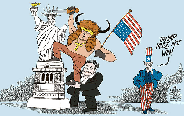 Oliver Schopf, editorial cartoons from Austria, cartoonist from Austria, Austrian illustrations, illustrator from Austria, editorial cartoon politics politician International, Cartoon Movement, CartoonArts International 2024: USA PRESIDENTIAL ELECTIONS DONALD TRUMP ELON MUSK DEMOCRACY CONSTITUTION STATUE OF LIBERTY CAPITOL JANUARY 6 PROUDE BOY





















