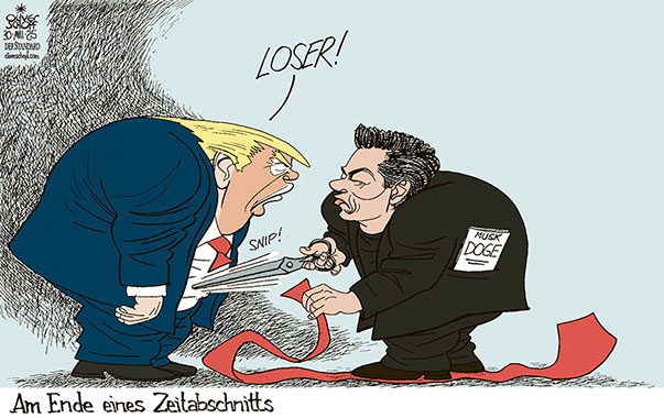 Oliver Schopf, politischer Karikaturist aus Österreich, politische Karikaturen aus Österreich, Karikatur Cartoon Illustrationen Politik Politiker international @oliverschopf.bsky.social 2025: USA TRUMP MUSK DOGE ENDE SCHNITT SCHERE KRAWATTE AUFHÖREN LOSER 
























