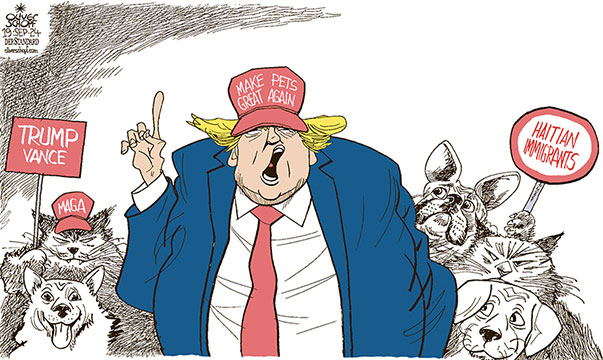 Oliver Schopf, editorial cartoons from Austria, cartoonist from Austria, Austrian illustrations, illustrator from Austria, editorial cartoon politics politician International, Cartoon Movement, CartoonArts International 2024: USA PRESIDENTIAL ELECTIONS DONALD TRUMP PETS HAITIAN EAT EATING FOOD IMMIGRANTS FANBASE FAN FELLOW MAGA MAKE AMERICA GREAT AGAIN





















