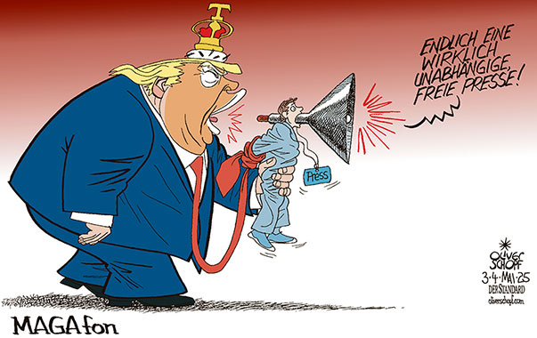 Oliver Schopf, politischer Karikaturist aus Österreich, politische Karikaturen aus Österreich, Karikatur Cartoon Illustrationen Politik Politiker international @oliverschopf.bsky.social 2025: USA TRUMP PRESSEFREIHEIT JOURNALISMUS MAGA MEGAFON UNABHÄNGIGKEIT KÖNIG KRONE KRAWATTE REPORTER OHNE GRENZEN

















