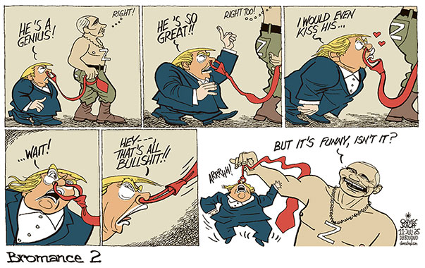 Oliver Schopf, politischer Karikaturist aus Österreich, politische Karikaturen aus Österreich, Karikatur Cartoon Illustrationen Politik Politiker international @oliverschopf.bsky.social 2025: USA RUSSLAND TRUMP PUTIN BEZIEHUNG BROMANCE BULLSHIT AM GÄNGELBAND NASENRING KRAWATTE ABHÄNGIGKEIT UKRAINE KRIEG WAFFEN

























