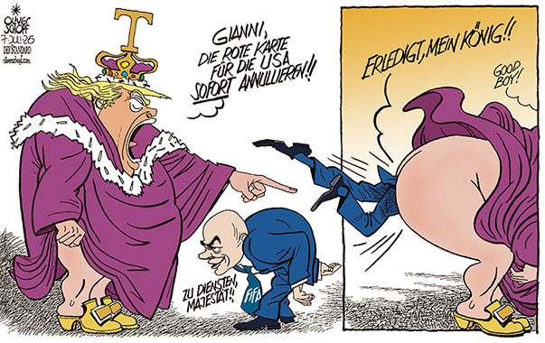 Oliver Schopf politische Karikaturen 2026 : In einem Telefonat Trumps mit FIFA-Präsident Infantino fordert der US-Präsident die Rücknahme der roten Karte für den Stürmer der US-Mannschaft, Folarin Balogun, was Infantino trickreich zu ändern wusste.
Oliver Schopf, politischer Karikaturist aus Österreich, politische Karikaturen aus Österreich, Karikatur Cartoon Illustrationen Politik Politiker international @oliverschopf.bsky.social 2026: FUSSBALL WM MEXIKO USA KANADA TRUMP GIANNI INFANTINO ROTE KARTE FOLARIN BALOGUN AUSSCHLUSS REVIDIEREN KÖNIG KISS MY ASS BEEINFLUSSUNG MANIPULATION TELEFONAT