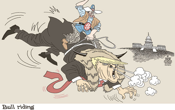 Oliver Schopf, editorial cartoons from Austria, cartoonist from Austria, Austrian illustrations, illustrator from Austria, editorial cartoon politics politician International, Cartoon Arts International, 2022: USA CONGRESS CAPITOL WASHINGTON HOUSE COMMITTEE CRIMINAL CHARGES REFERRAL JANUARY 6 BULL RIDER RIDING RODEO


