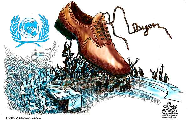 Oliver Schopf, politischer Karikaturist aus Österreich, politische Karikaturen aus Österreich, Karikatur Illustrationen Politik Politiker international 2011: uno vereinte nationen libyen sicherheitsrat sanktionen schuh







 