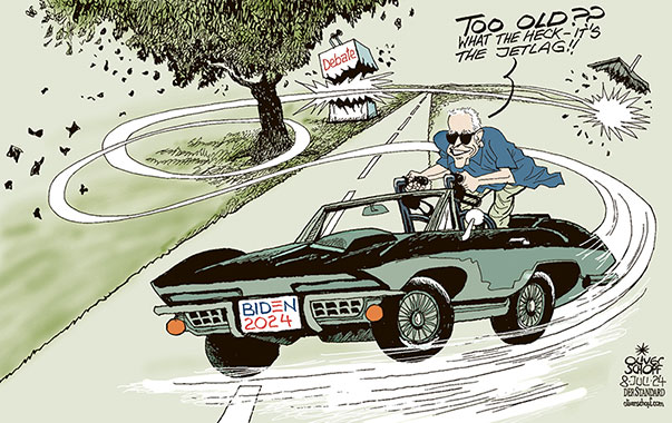 Oliver Schopf, editorial cartoons from Austria, cartoonist from Austria, Austrian illustrations, illustrator from Austria, editorial cartoon politics politician International, Cartoon Movement, CartoonArts International 2024: USA PRESIDENTIAL ELECTIONS JOE BIDEN CANDIDACY OLD JETLAG DEBATE CAR CORVETTE SKID SKIDDING ROLLATOR



















